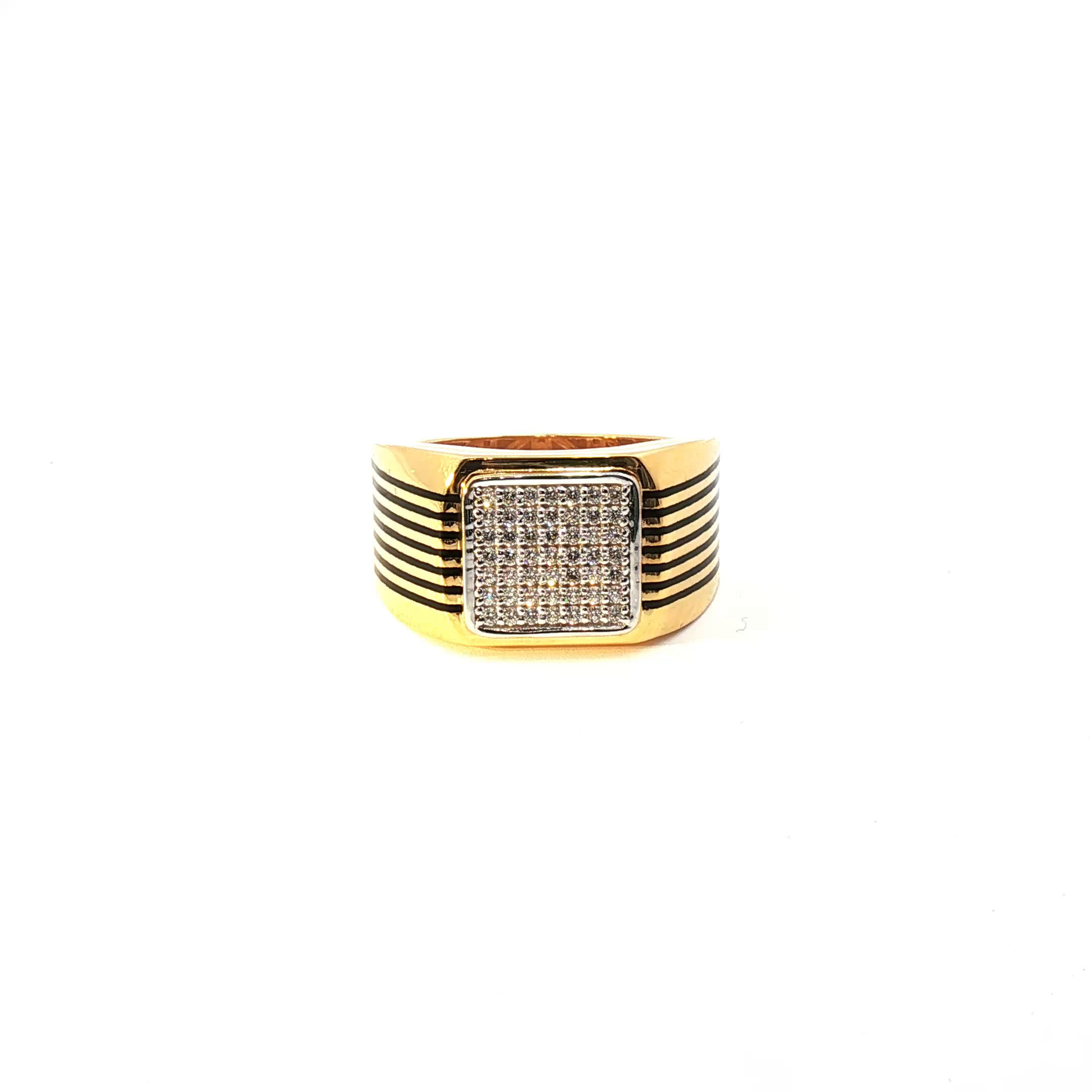 Yellow Gold Multistone Ring with Round Cut American Diamonds & Enamel.