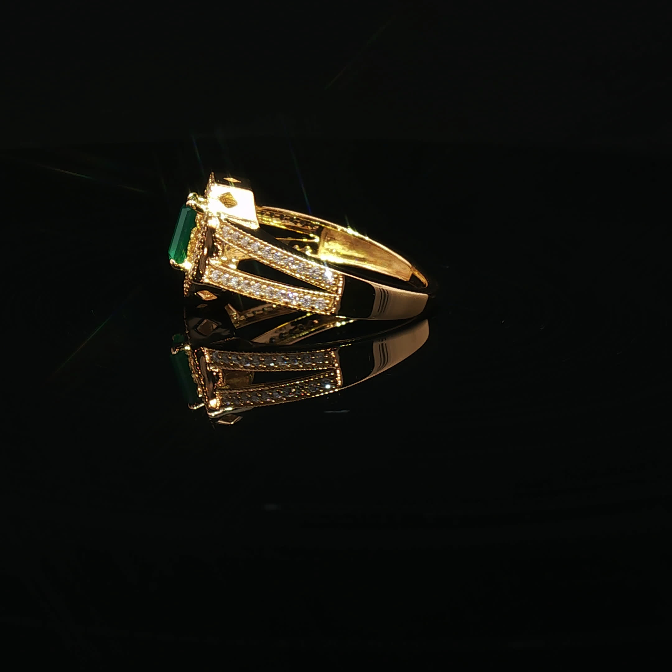 Second image of 22K Yellow Gold Cocktail Ring with Princess-Cut Semi-Precious Emerald