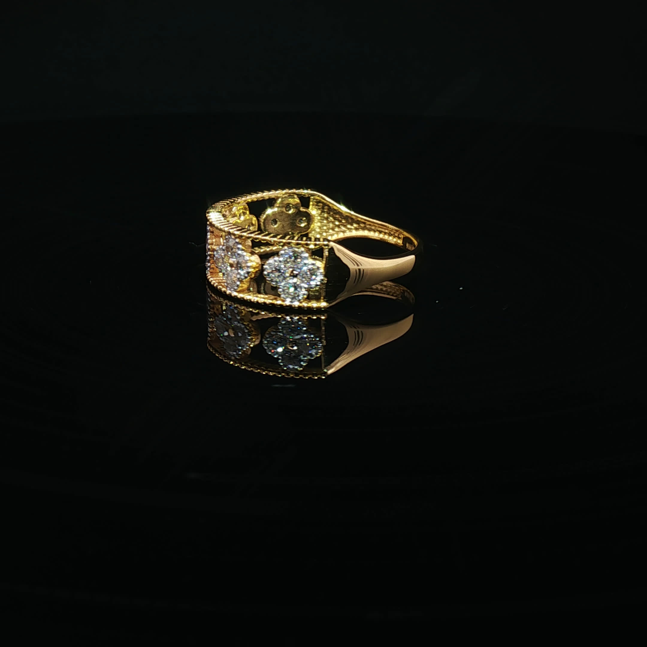 Second image of 22K Yellow Gold Clover 5 Motif Band Ring with Round Cubic Zirconia