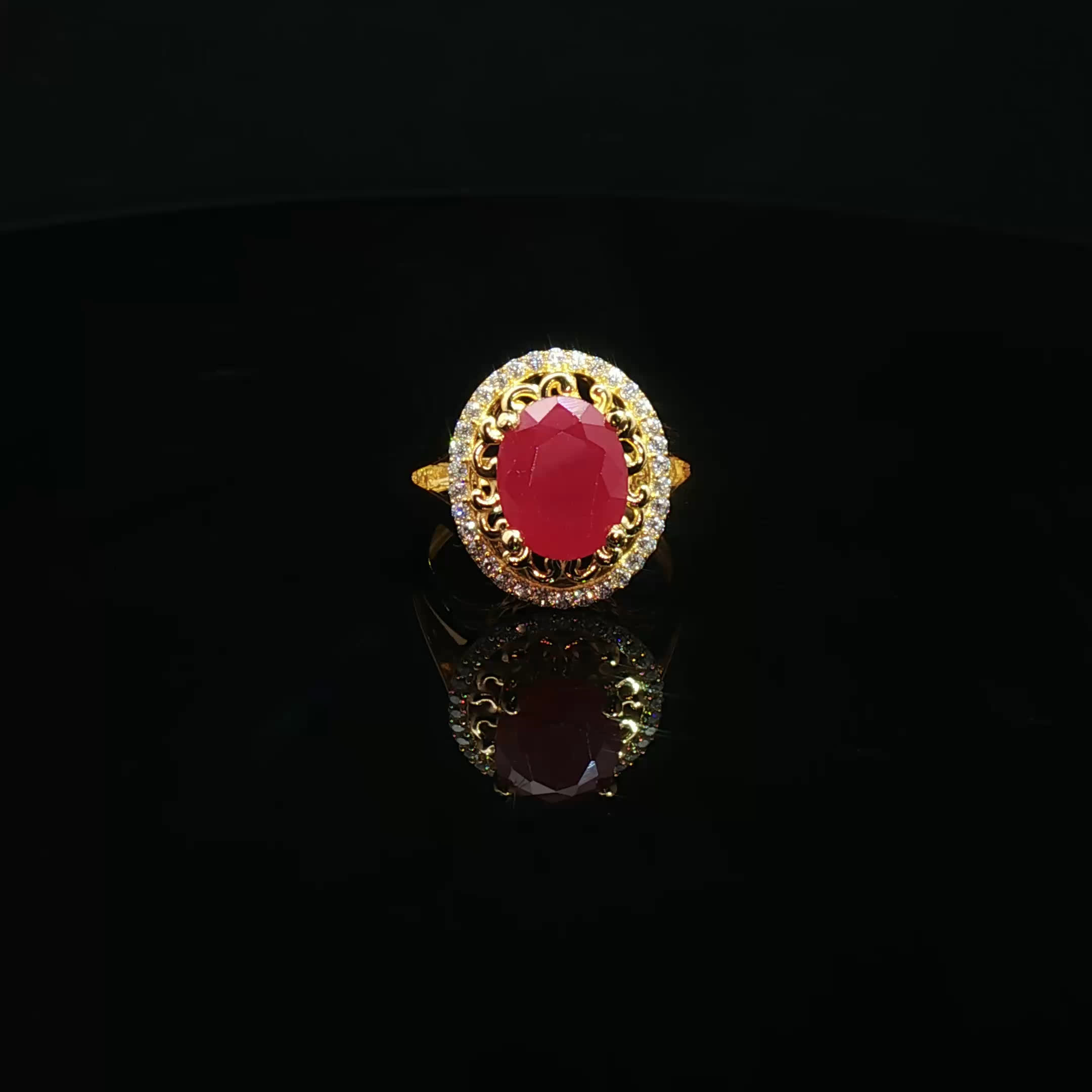 22K Yellow Gold Cocktail Ring with Oval Semi-Precious Ruby and Cubic Zirconia Accents
