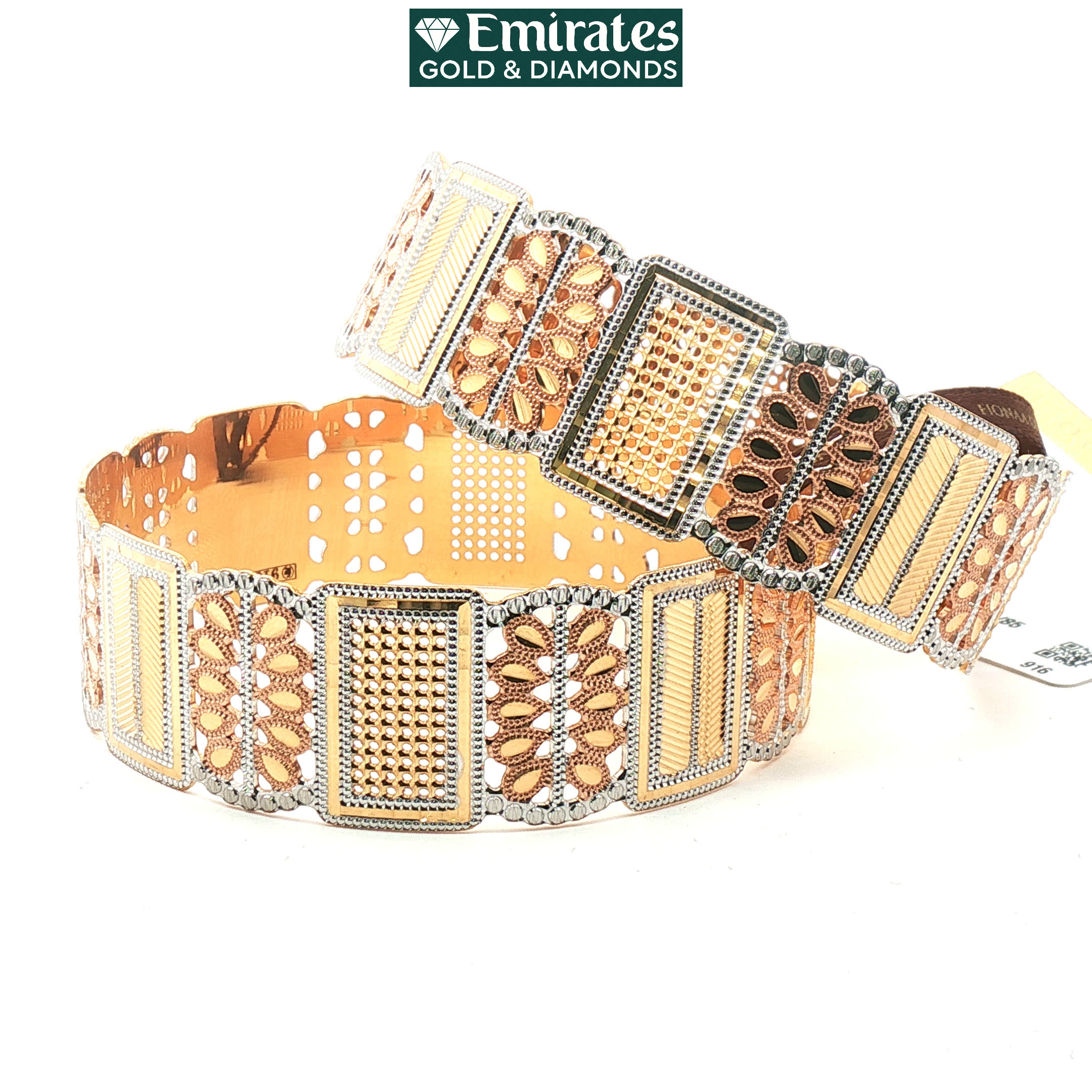 Tri-Color Gold Openwork Filigree Rectangular Link Bangles