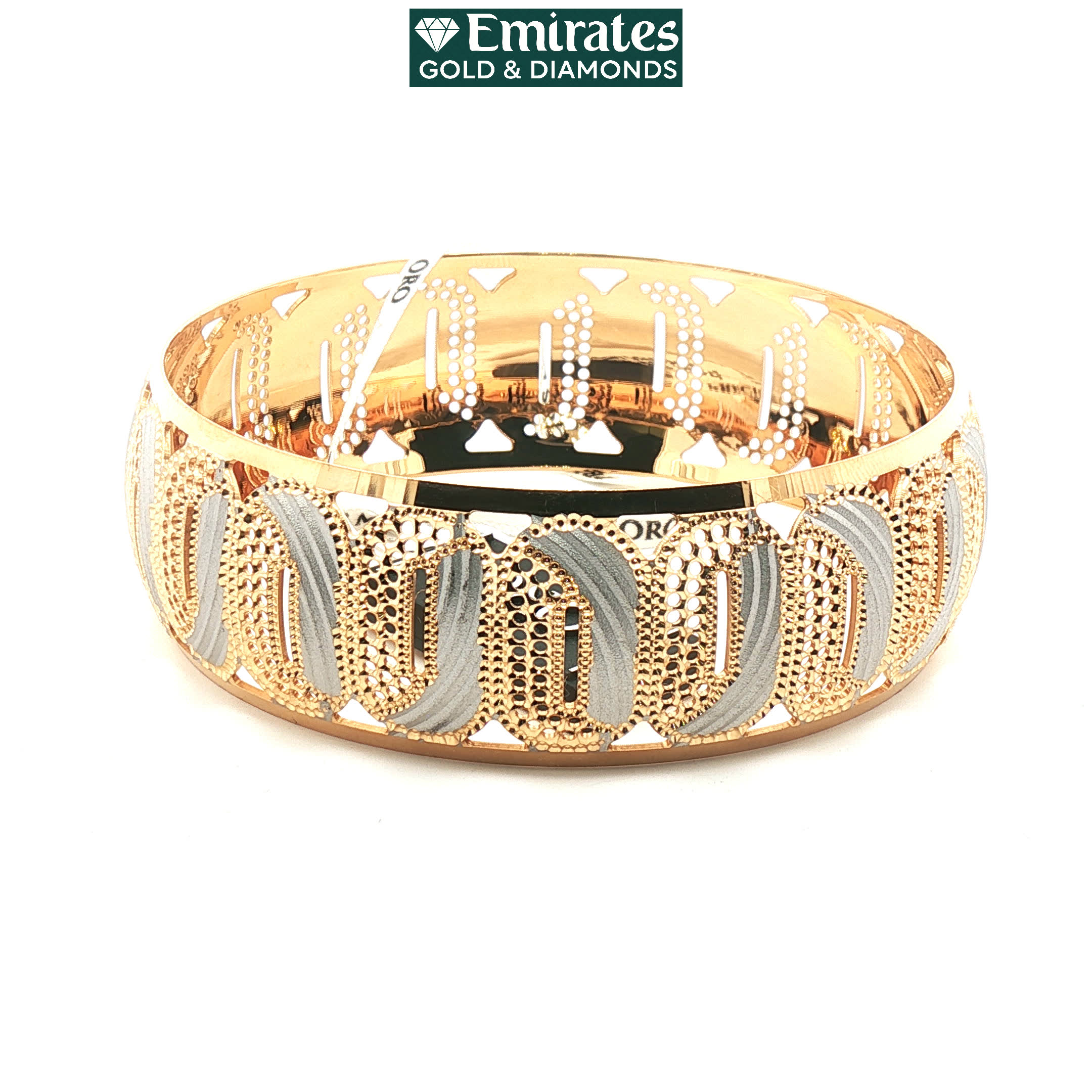 Two-Tone Yellow and White Gold Filigree Openwork Bangle