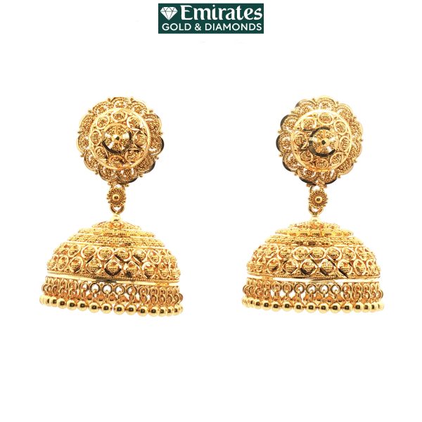 Traditional Yellow Gold Filigree Jhumka Dangle Earrings