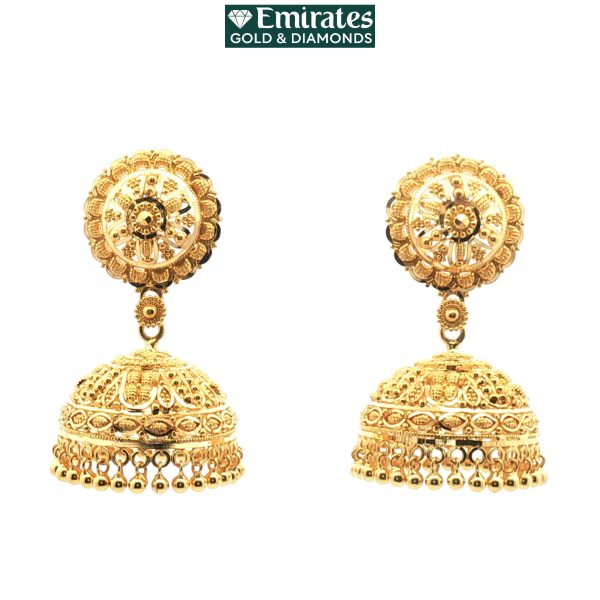 Traditional Yellow Gold Filigree Jhumka Dangle Earrings