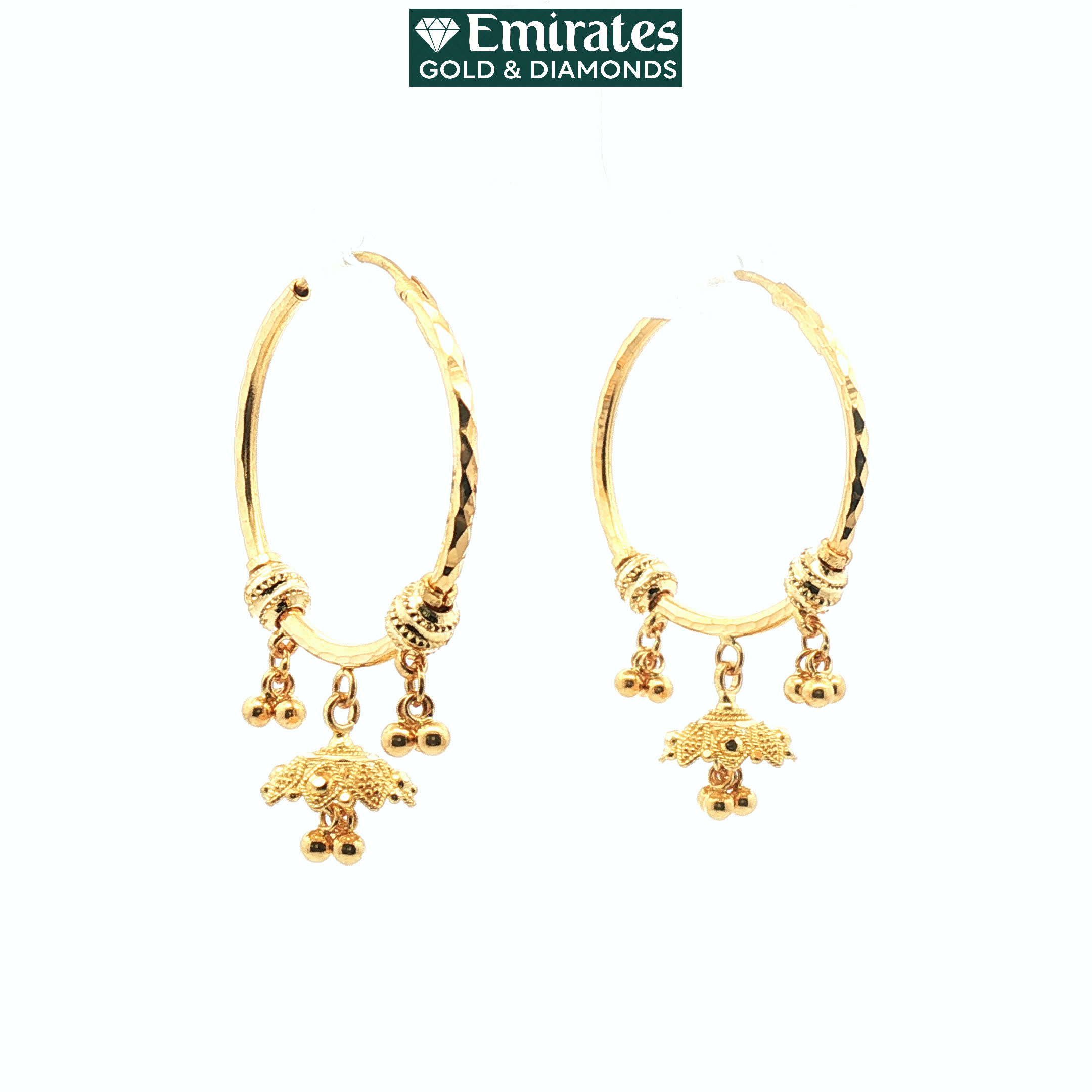 Textured Yellow Gold Hoop Earrings with Filigree Umbrella Charms