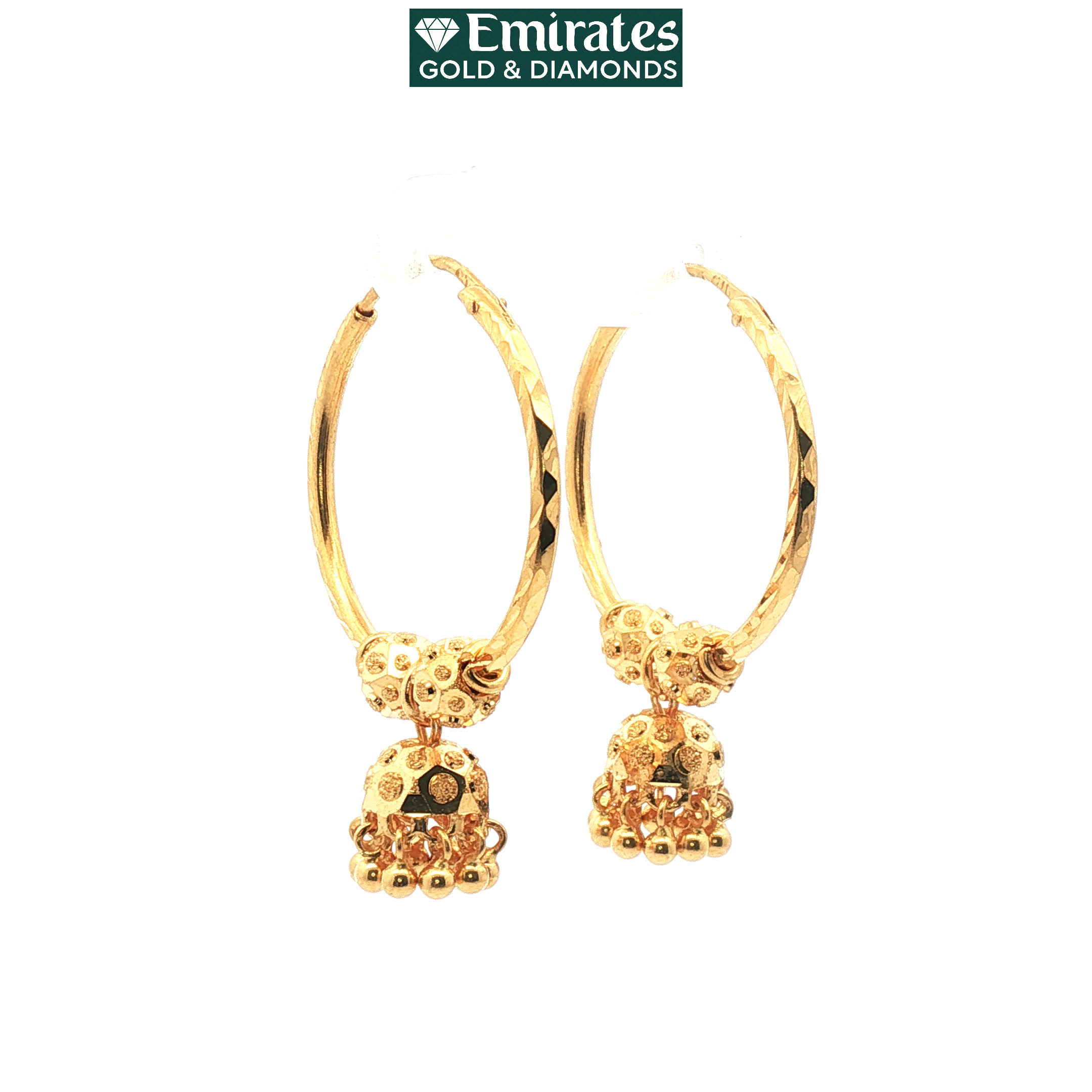 Textured Yellow Gold Hoop Jhumka Earrings with Bead Drops