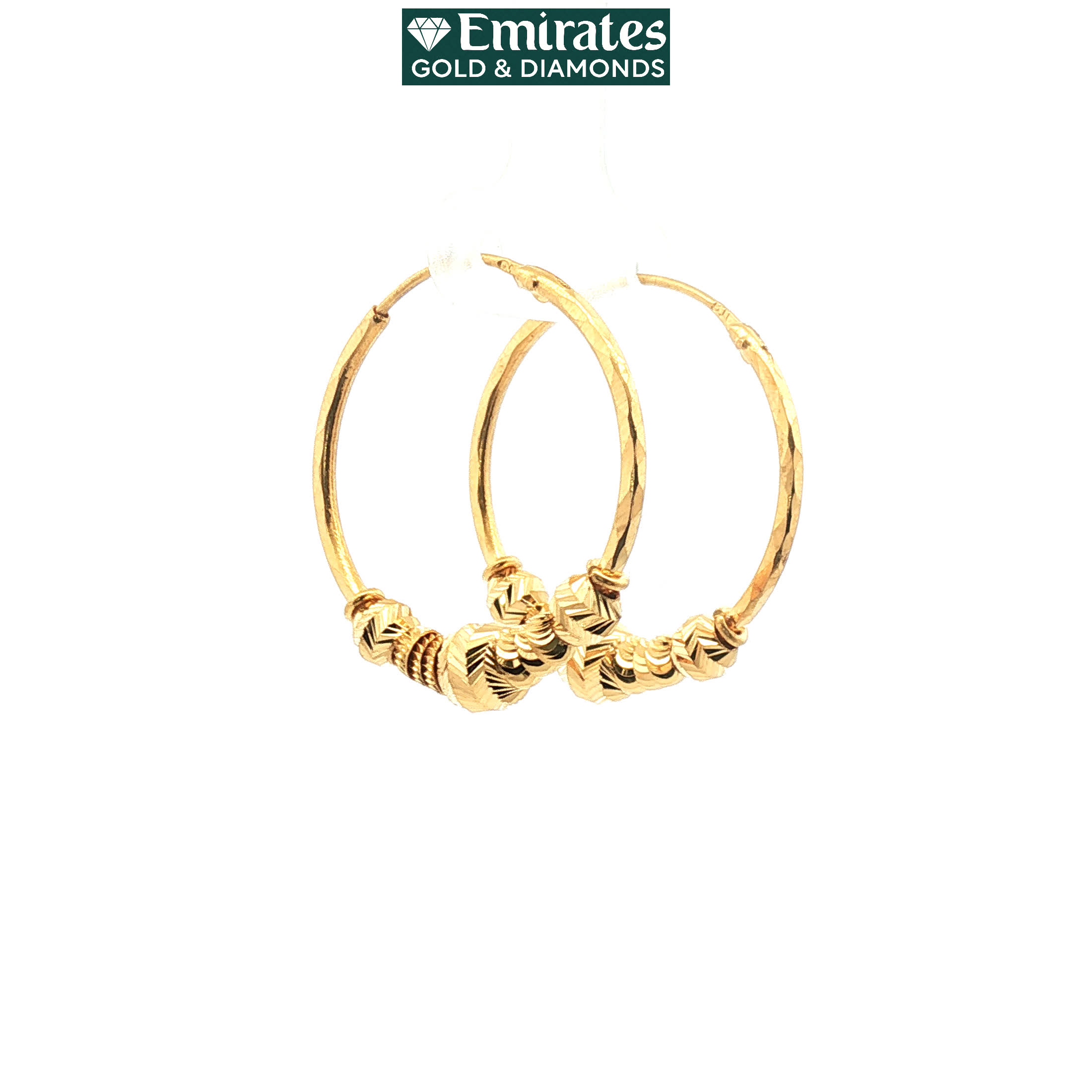 Yellow Gold Diamond-Cut Hoop Earrings with Faceted Bead Accents