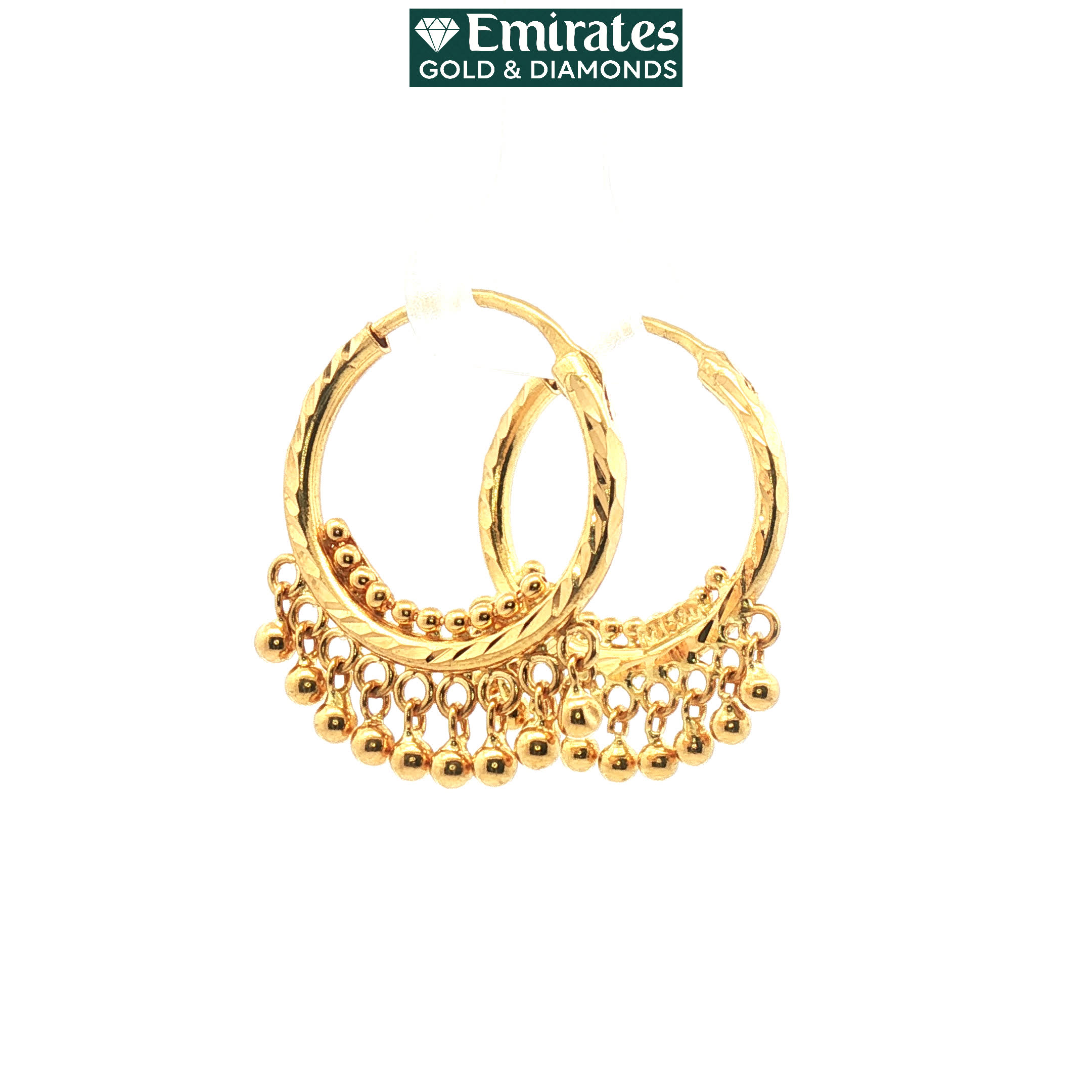 Yellow Gold Diamond-Cut Hoop Earrings with Triple-Layer Bead Fringe Beads
