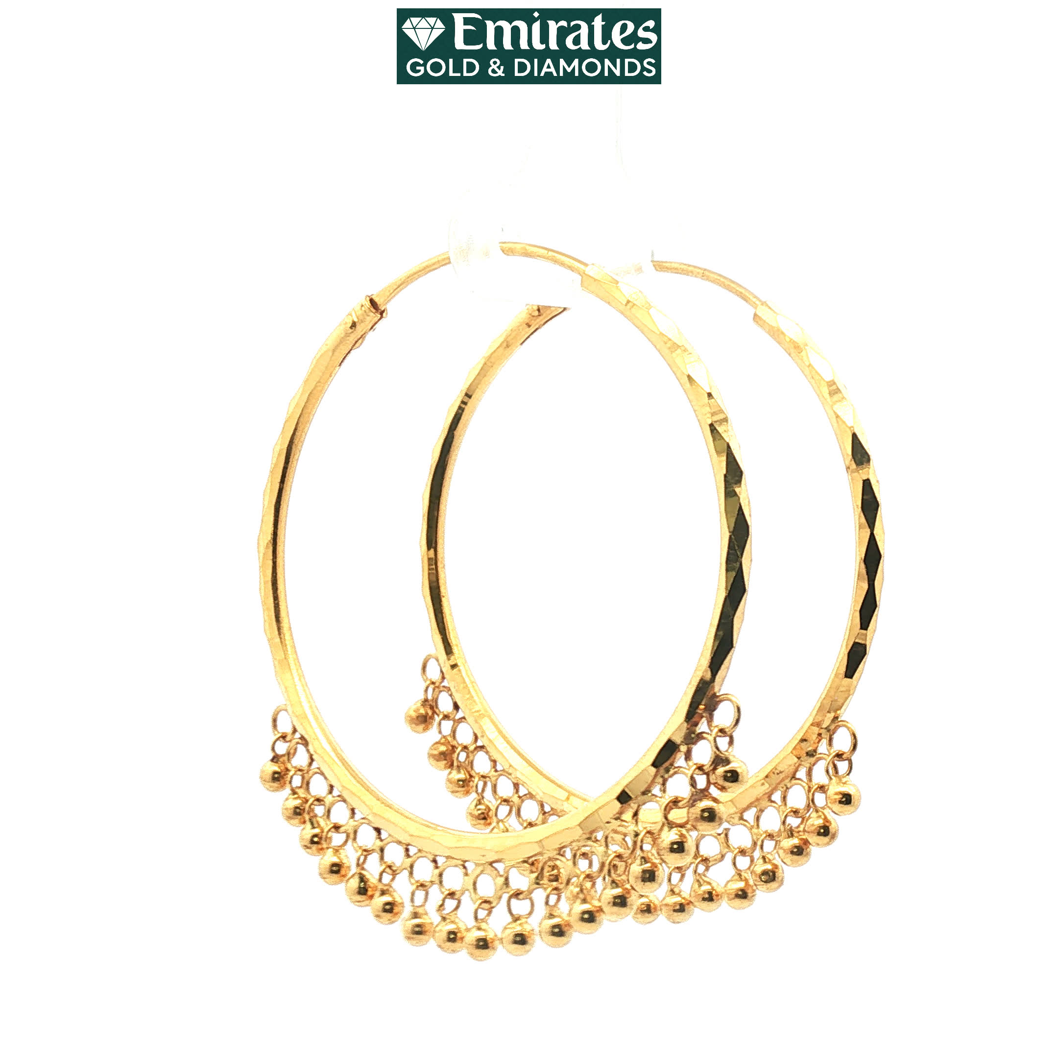 Textured Yellow Gold Hoop Earrings with Spherical Fringe Charms