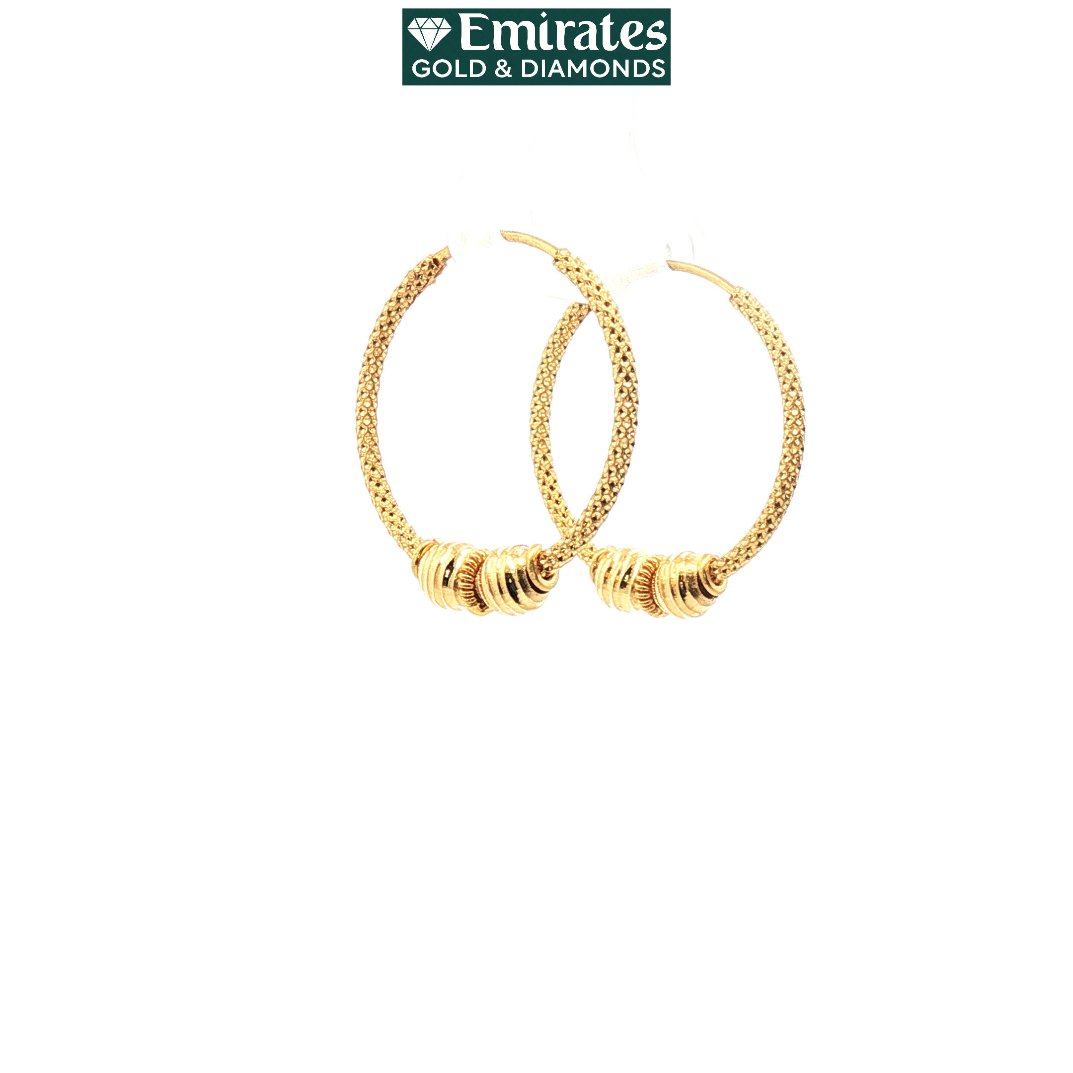 Textured Mesh Yellow Gold Hoop Earrings with Graduated Beads