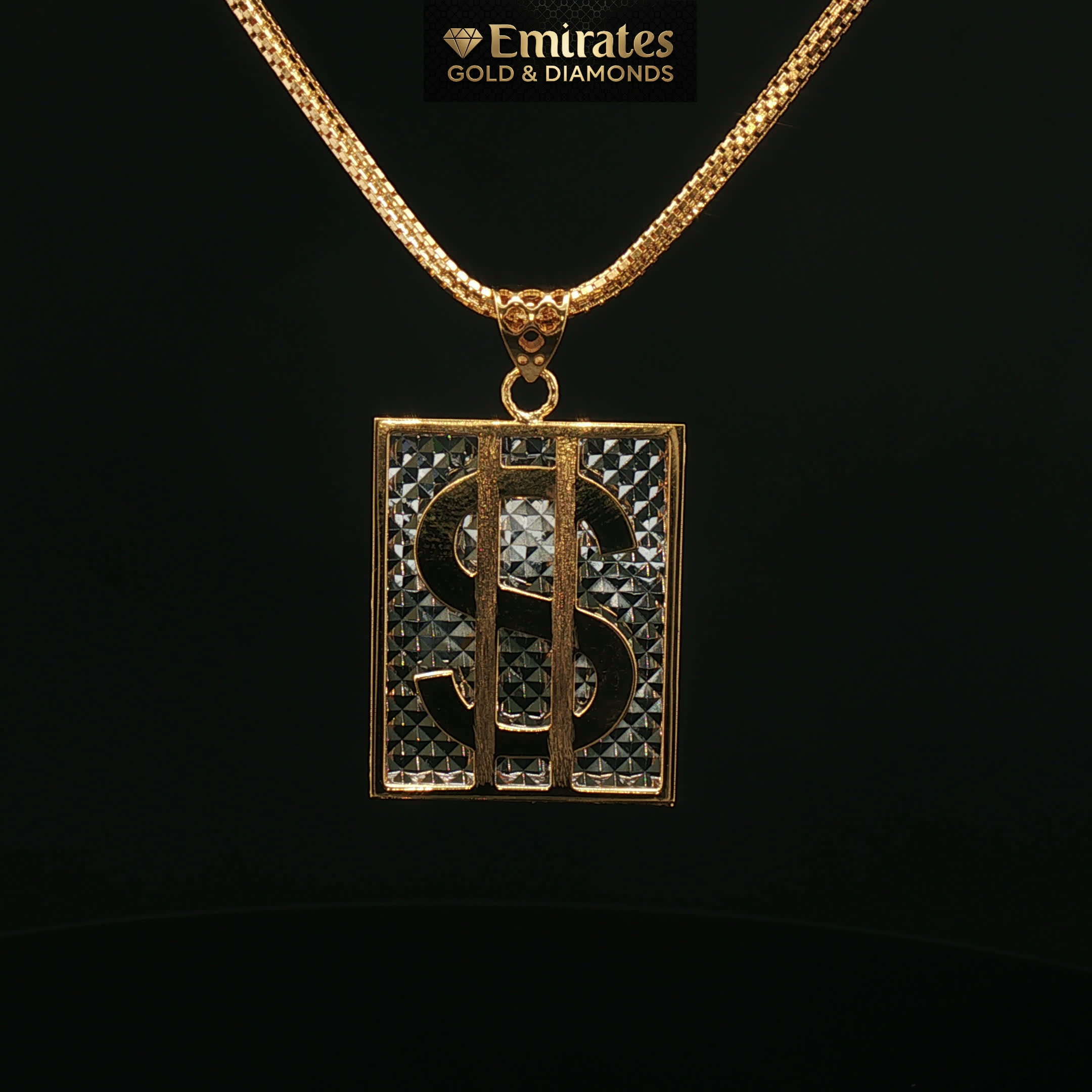 Yellow Gold Textured Dollar Sign Pendant Necklace