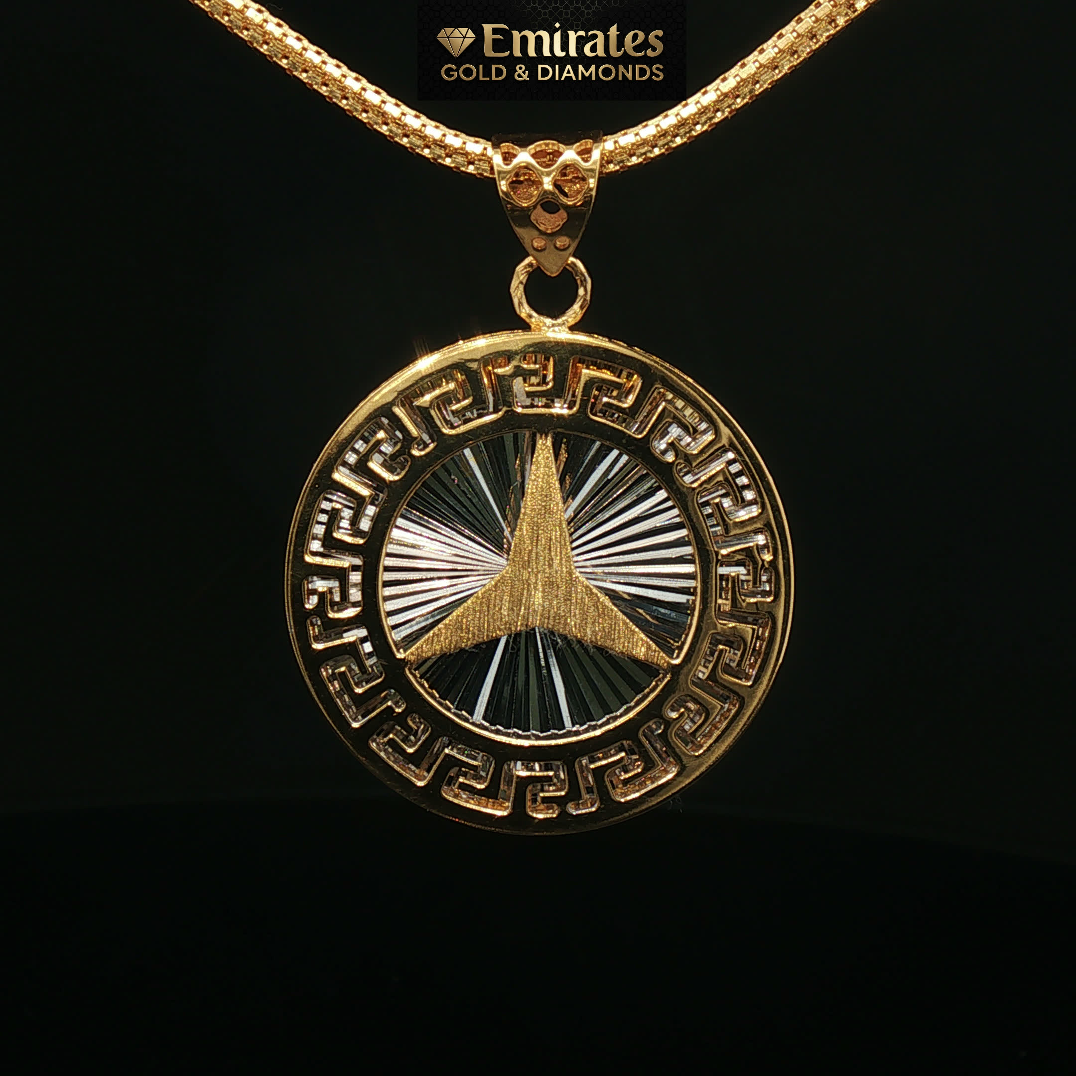 Two-Tone 22k Yellow Gold Greek Key Medallion Pendant Necklace