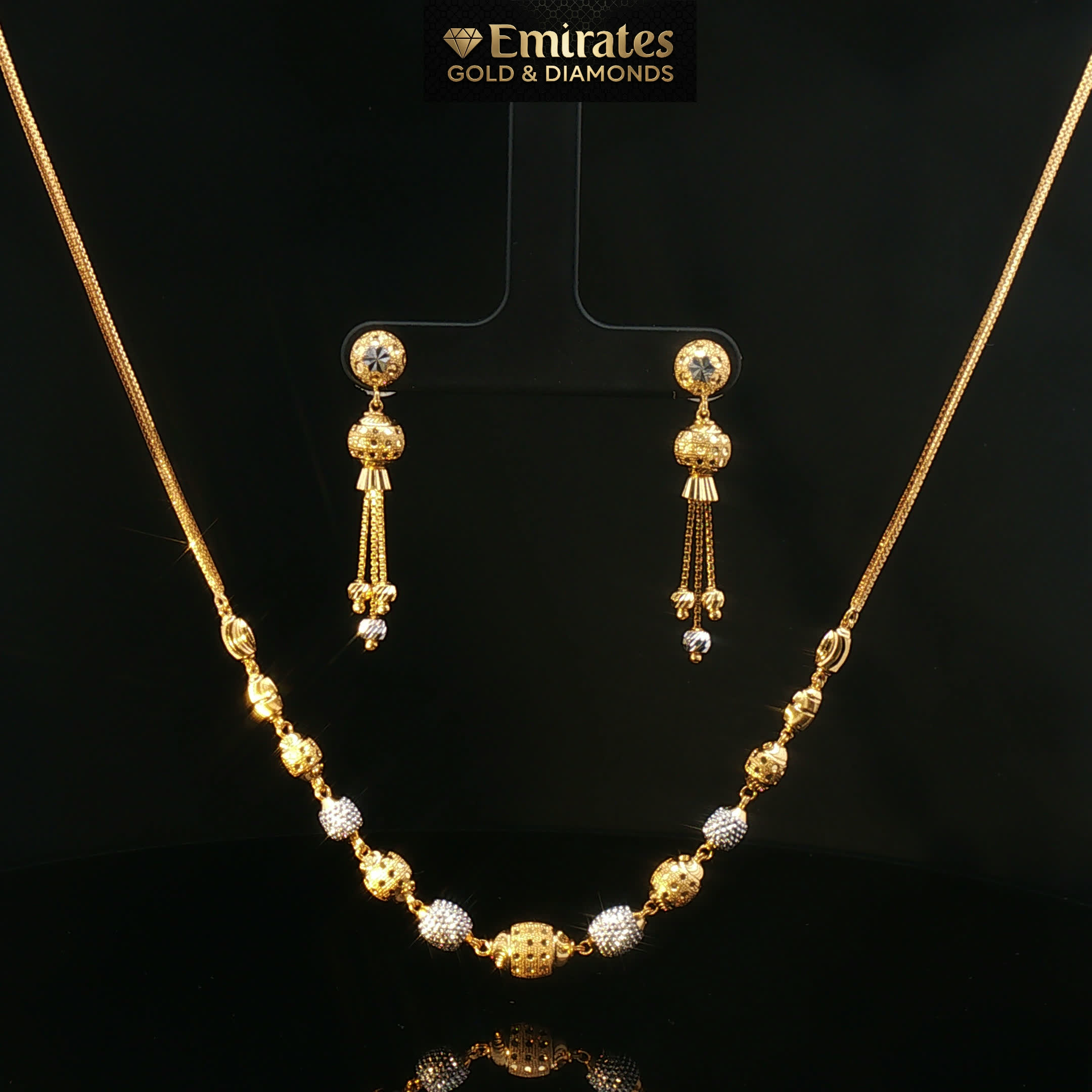 Two-Tone Textured Beaded Necklace Set in Yellow Gold