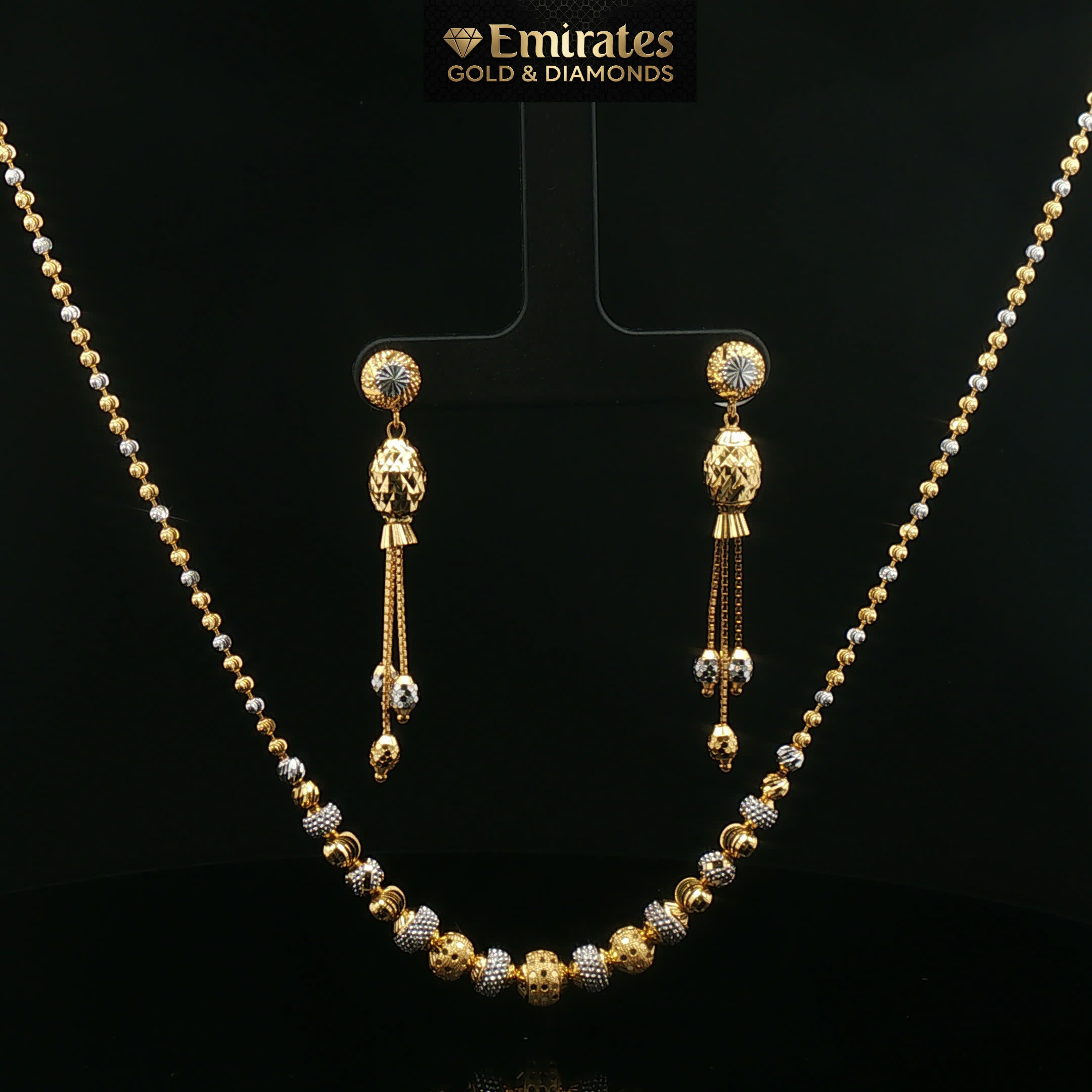 Two-Tone Yellow Gold Beaded Necklace and Earring Set