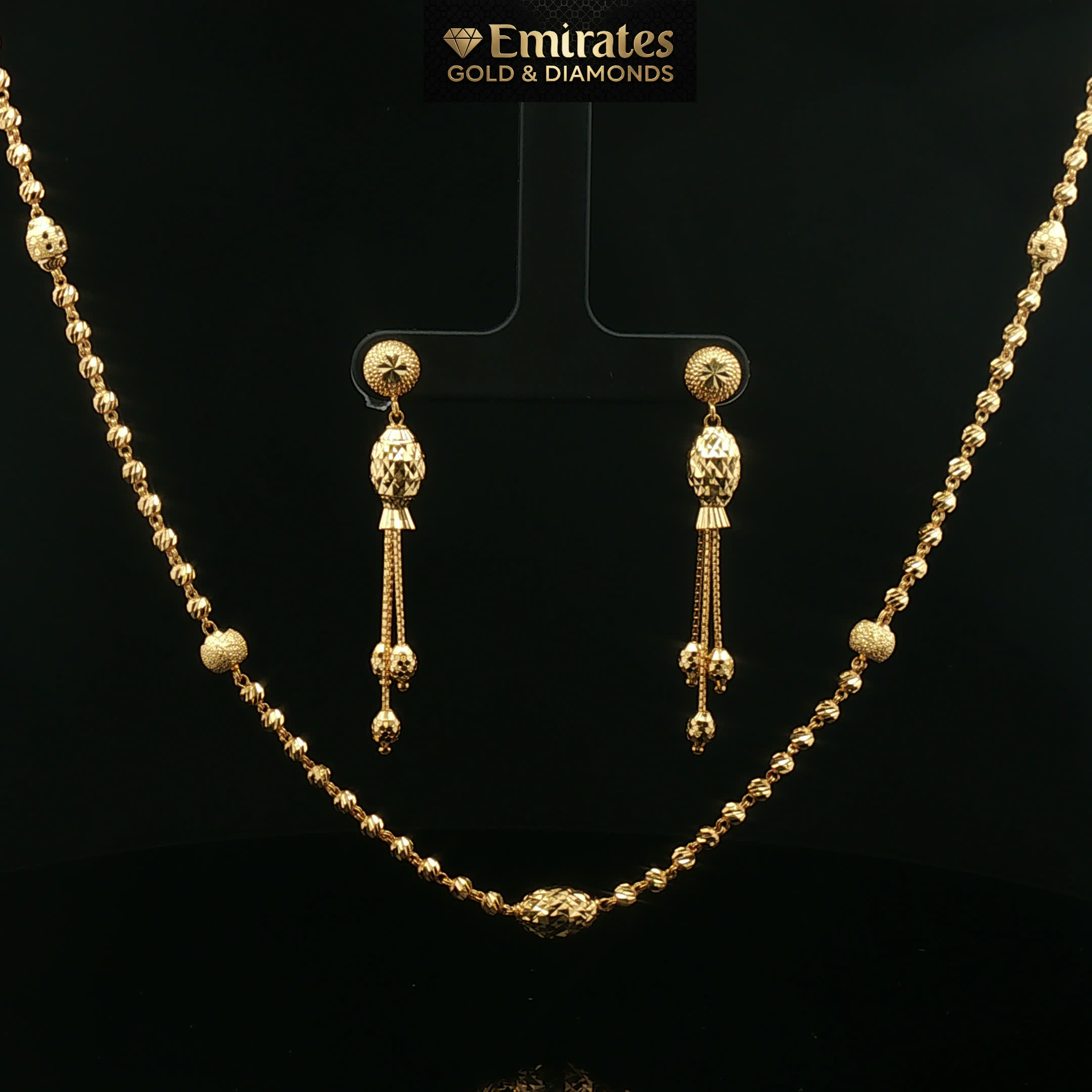 Yellow Gold Textured Beaded Necklace and Earring Set