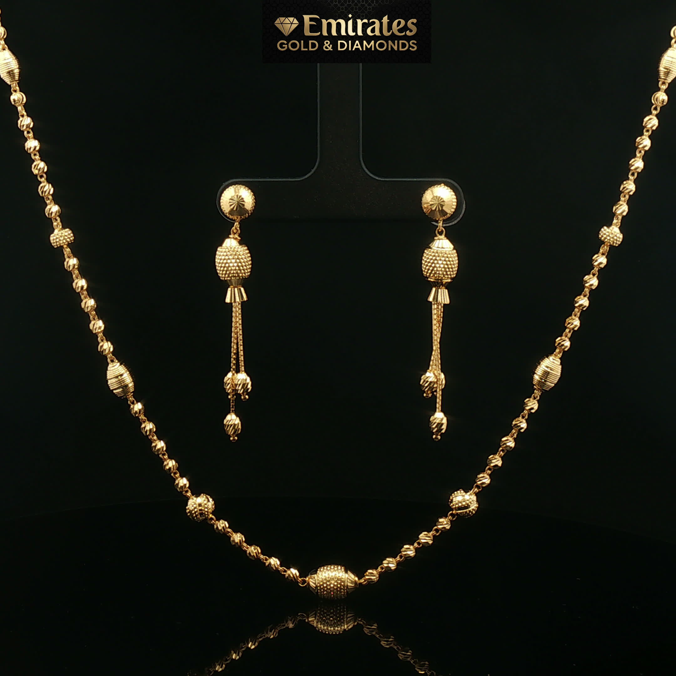Yellow Gold Textured Beaded Necklace and Earring Set
